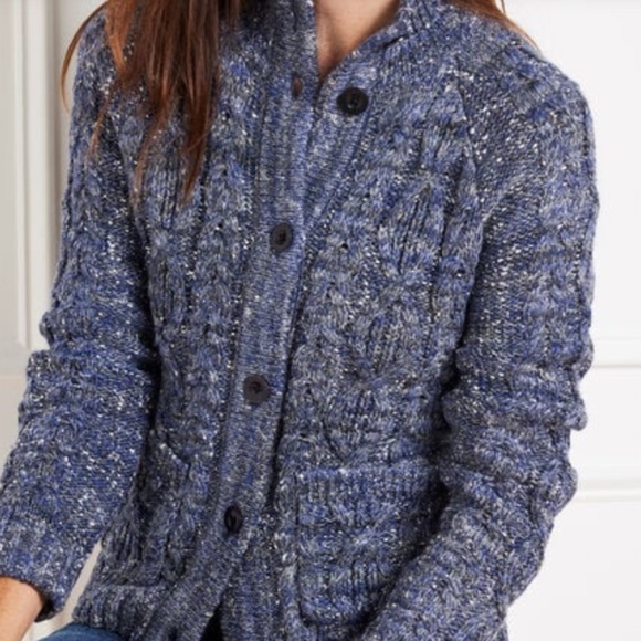 Talbots Metallic Tweed Mock NeckCardigan Sweater Denim Silver Petite M - Picture 1 of 3